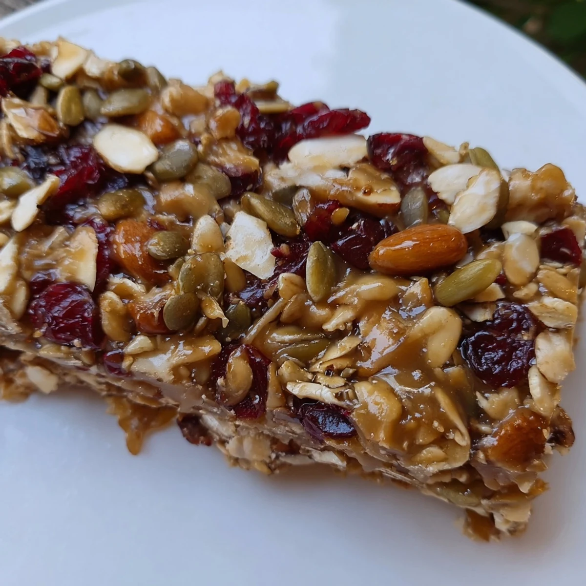 Image of golden brown Roasted Pumpkin Seed & Cranberry Granola Bars fresh out the oven.
