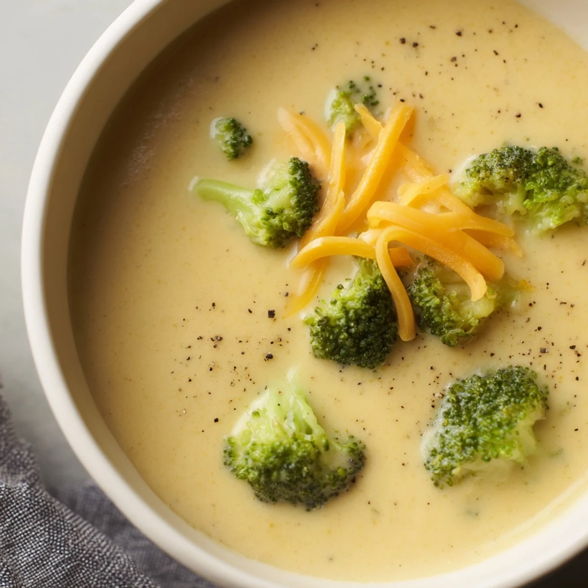 Steaming bowl of Broccoli Cheese Soup with melted cheese, perfect for a cold evening.