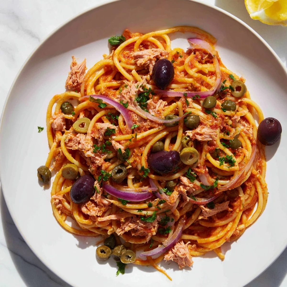 Fragrant pasta with tuna, olives and capers, perfectly plated with fresh parsley and lemon zest.