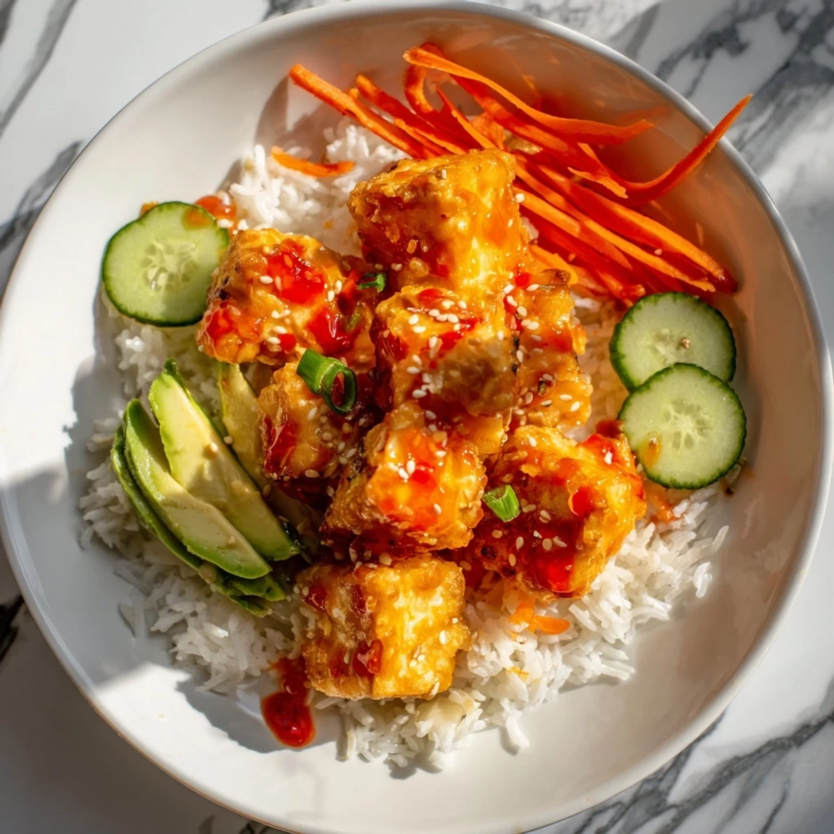 Golden, crispy chili-mayo baked tofu bowls, a flavorful vegetarian meal with fresh vegetables and rice.
