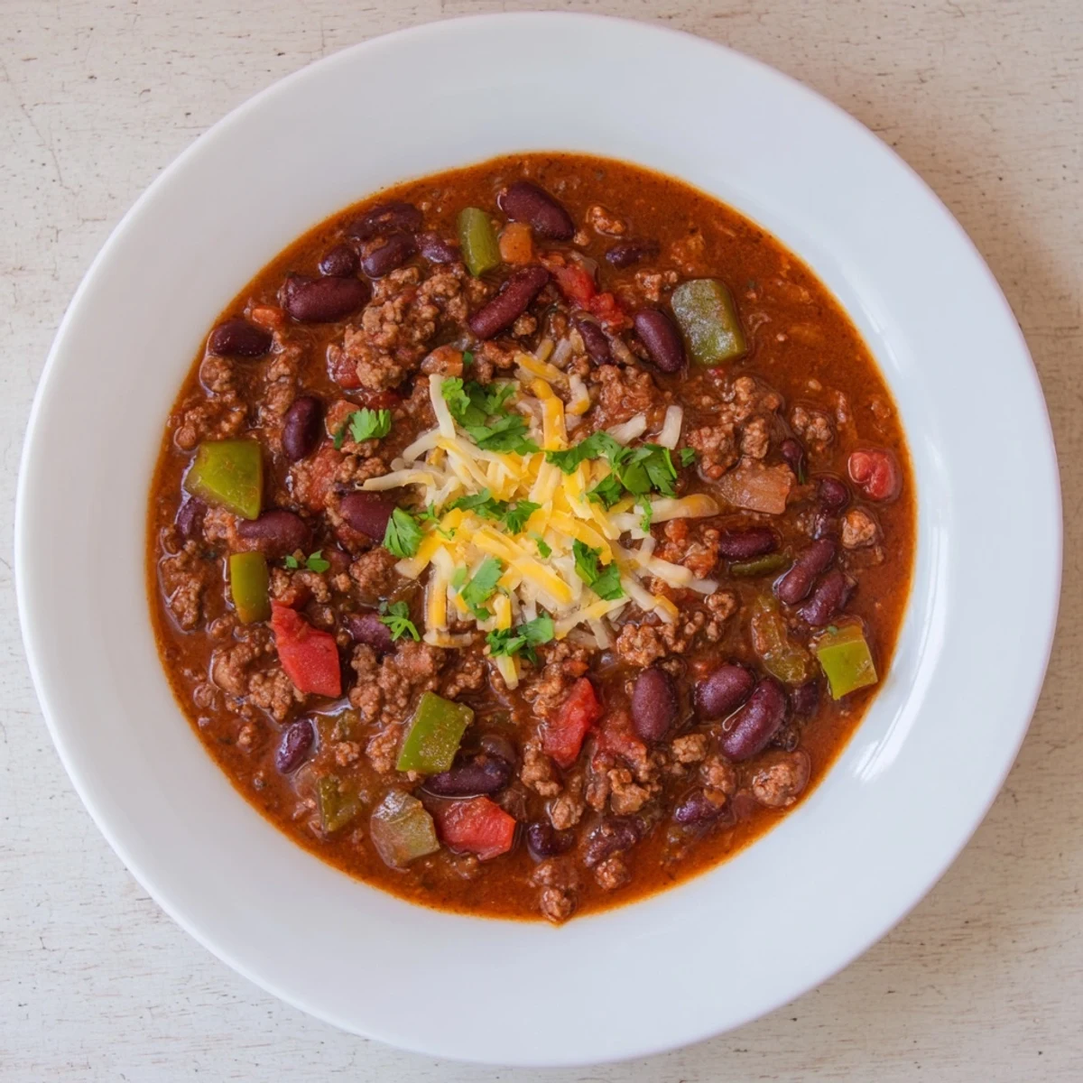 Steaming bowl of quick chili with canned beans, topped with fresh cilantro, ready to enjoy.