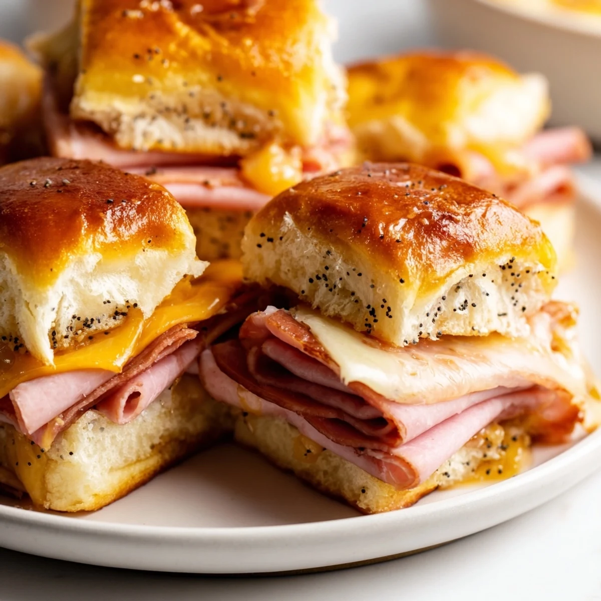 Golden-brown Baked Ham and Cheese Party Sliders, warm and savory, ready to serve for a gathering.