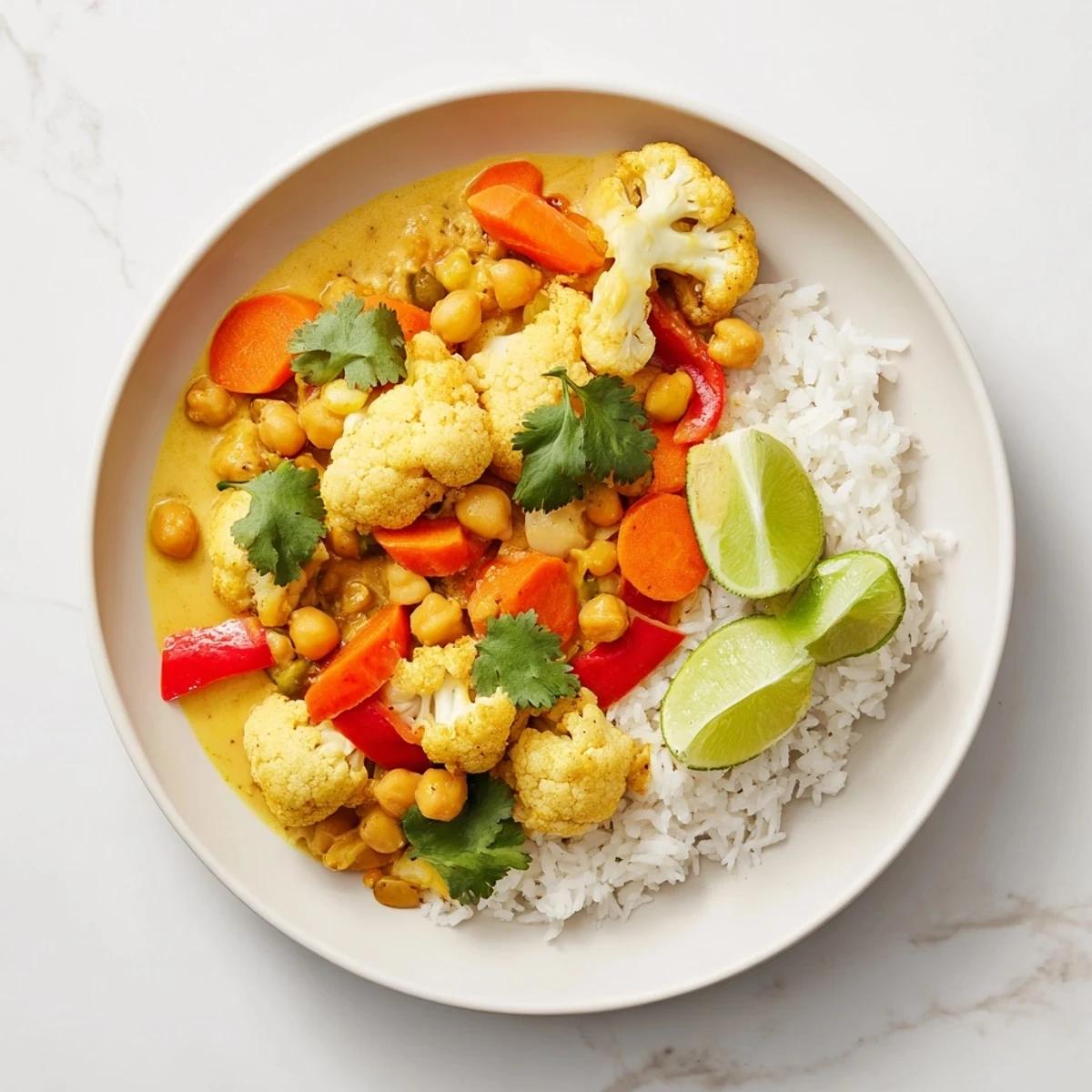 Steaming bowl of curried cauliflower and chickpea coconut stew, garnished with fresh cilantro and lime.