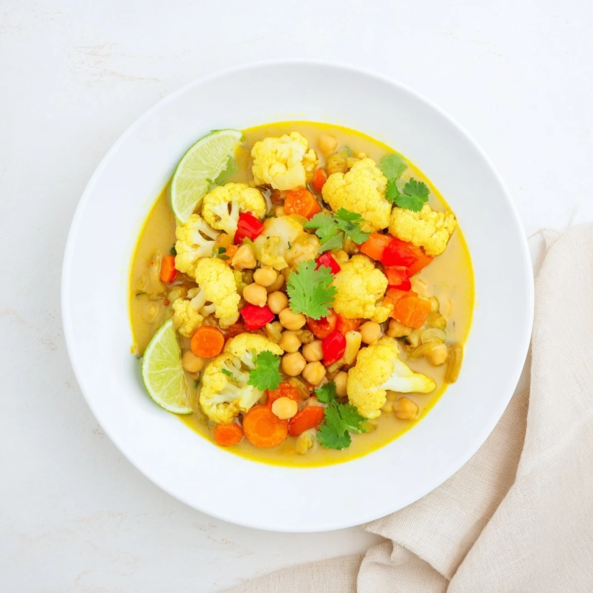 This vibrant Indian-inspired curried cauliflower and chickpea stew is a creamy, plant-based delight.