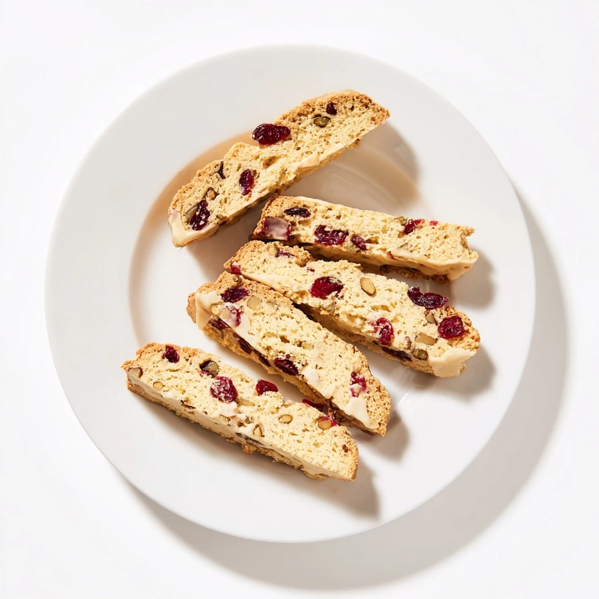Golden-brown White Chocolate Cranberry Pistachio Biscotti, perfect for pairing with a hot cup of coffee.