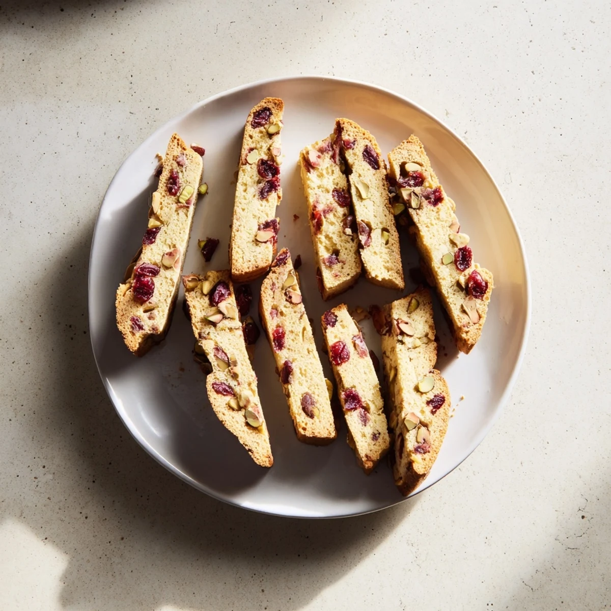 Close-up of crispy, twice-baked White Chocolate Cranberry Pistachio Biscotti, studded with bright cranberries and nuts.