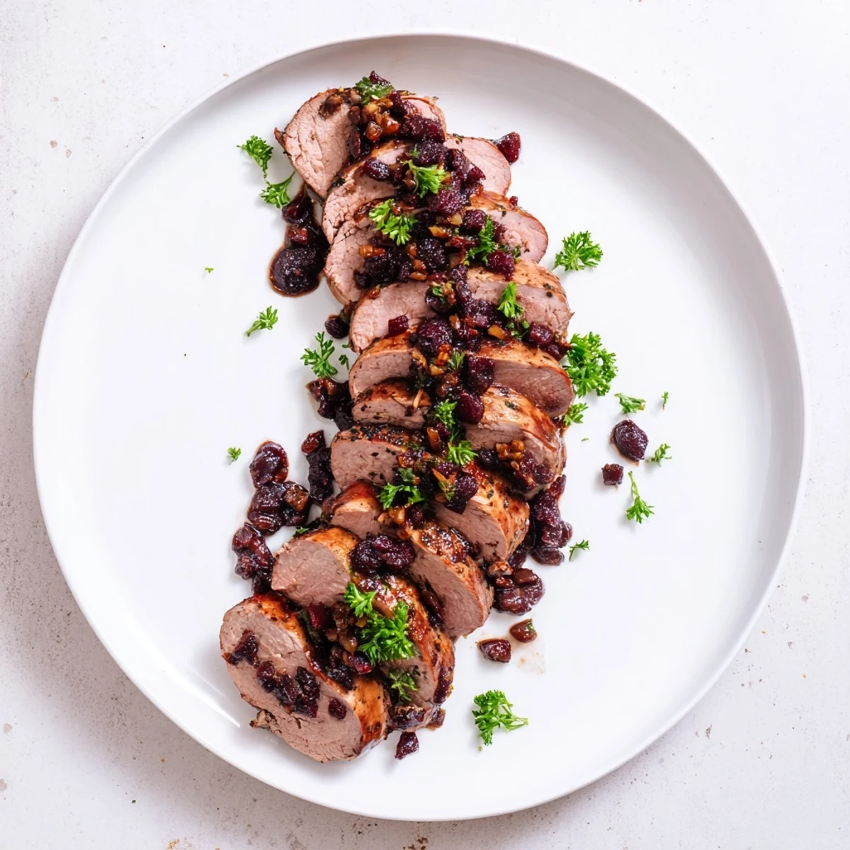Tender, juicy tart cherry date glazed pork tenderloin slices, glistening with a vibrant, sweet glaze.