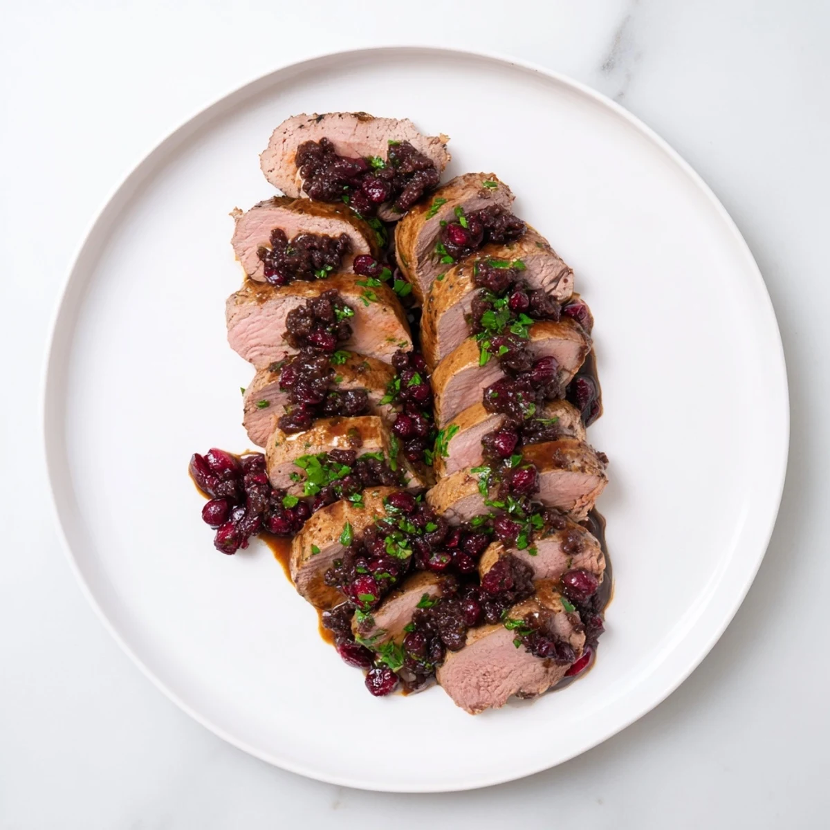 Savory tart cherry date glazed pork tenderloin; ready to enjoy, with a glossy, rich dark glaze.
