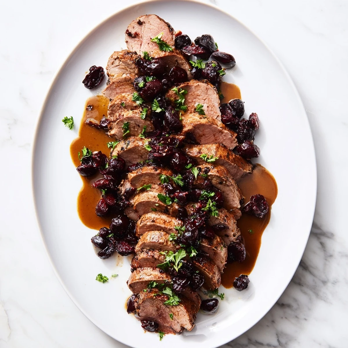 Close-up photo of a beautifully browned tart cherry date glazed pork tenderloin being served.