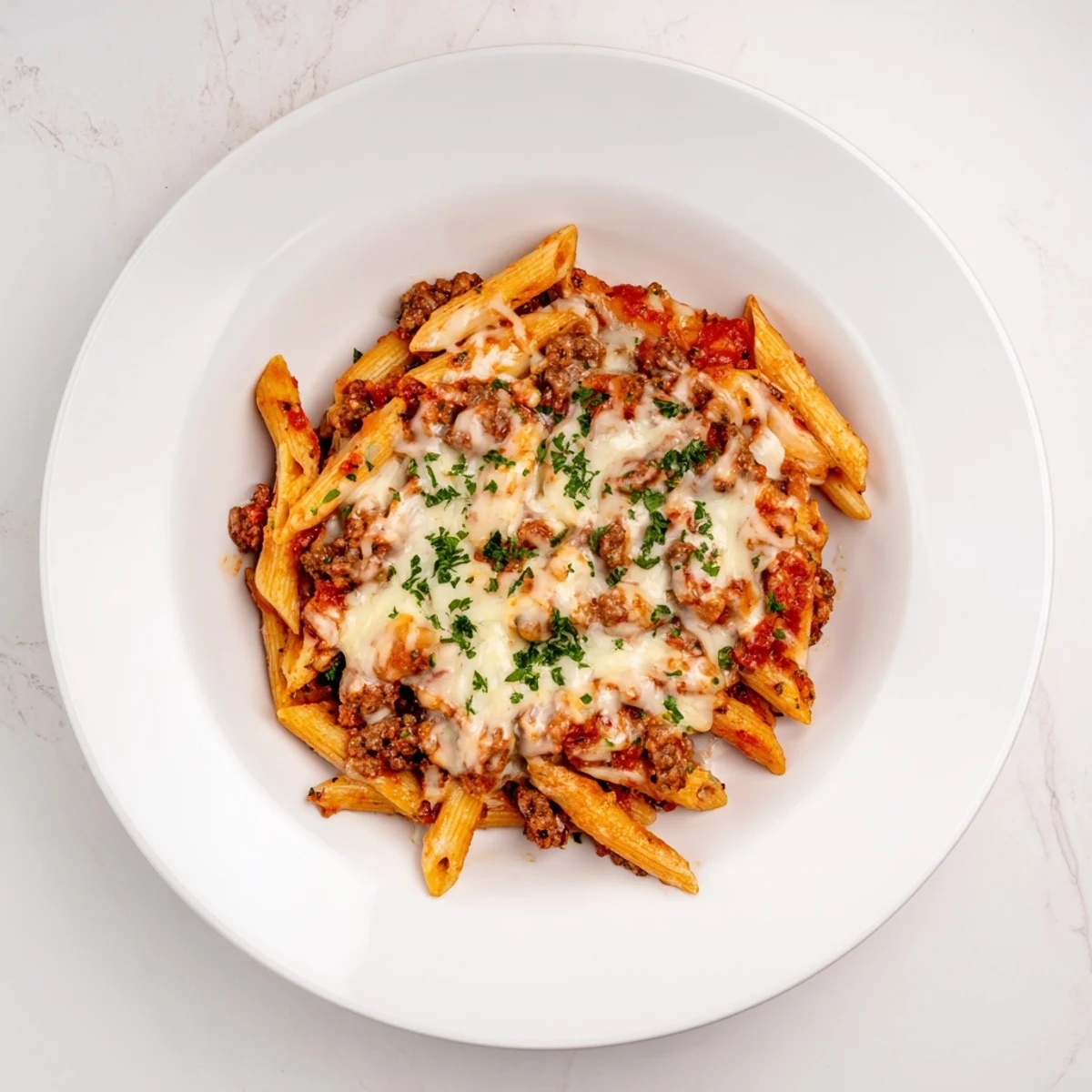 Imagine a comforting, steaming serving of Budget Sausage and Cheese Pasta Bake with fresh parsley garnish.