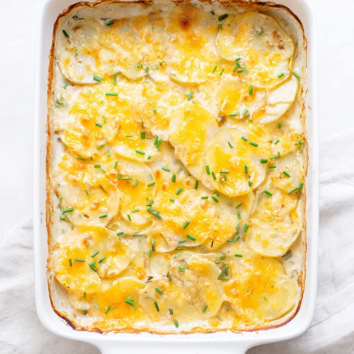 Warm, rich cheesy scalloped potatoes baked until perfection with melted cheese topping.