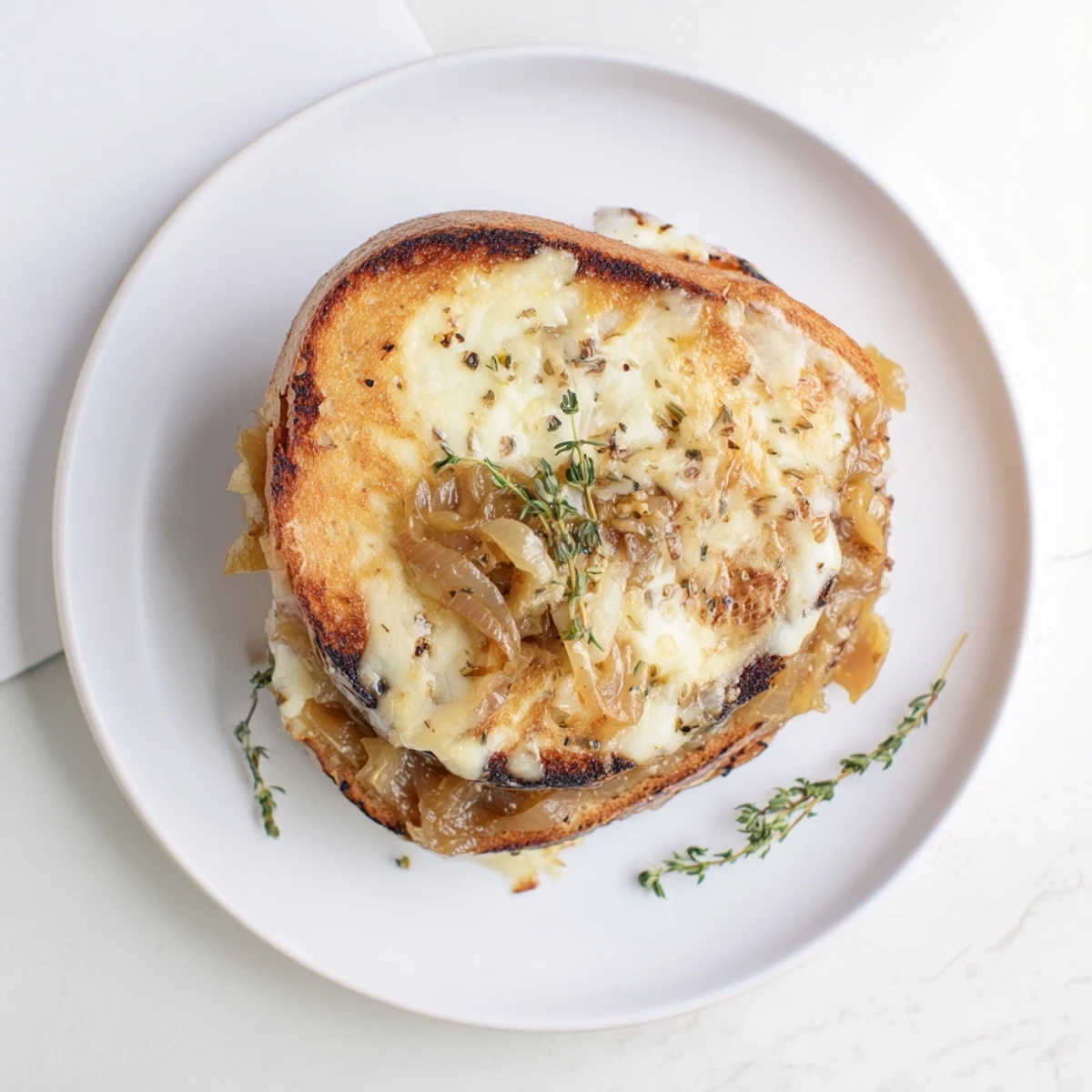 Golden-brown French Onion Grilled Cheese, oozing with melted Gruyère, a savory, gourmet treat.