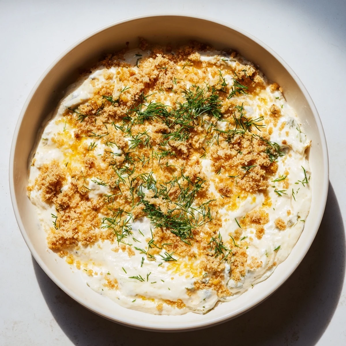 A close-up of savory Fried Pickle Dip swirled in a bowl, perfect for sharing at a gathering.