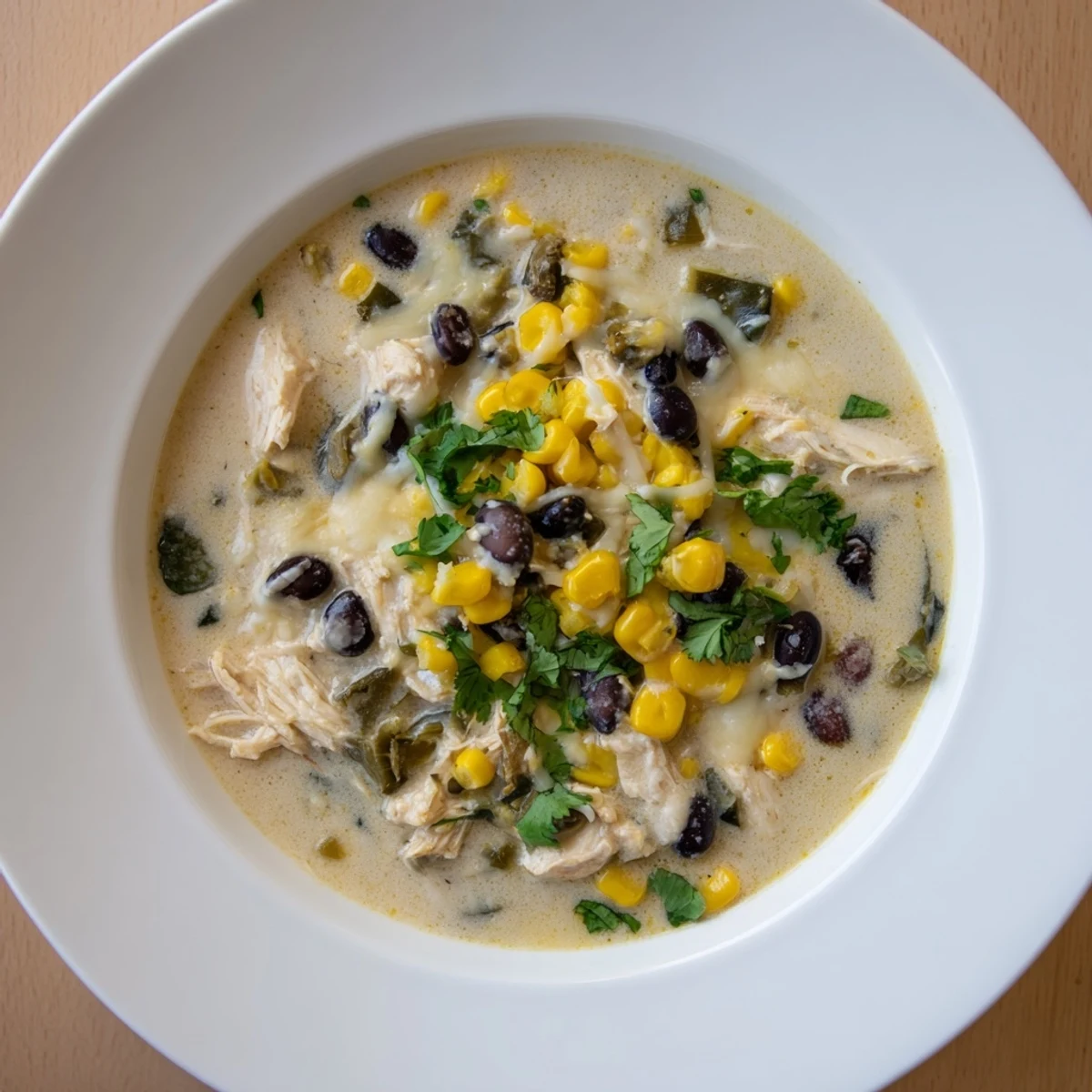 Steaming bowl of Chicken Poblano Soup, garnished with cilantro, ready for a comforting meal.