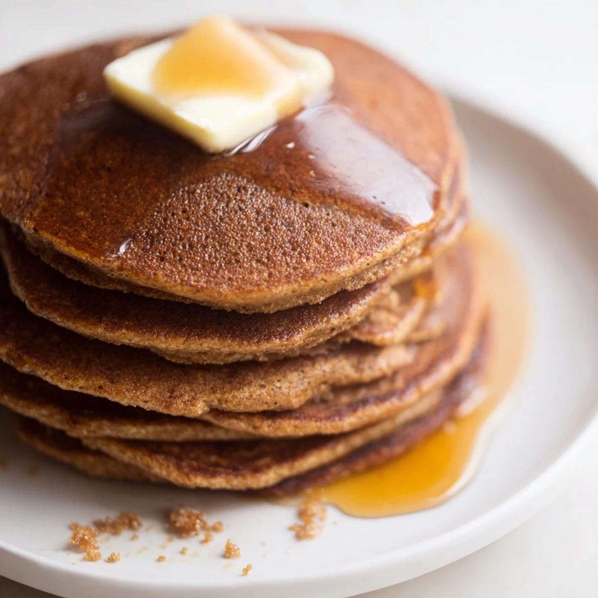 Steaming stack of gingerbread pancakes, golden brown and ready for syrup, a classic brunch delight.