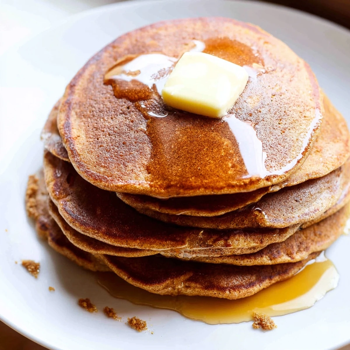 Delicious homemade gingerbread pancakes, pictured with a dusting of powdered sugar, perfect breakfast treat.