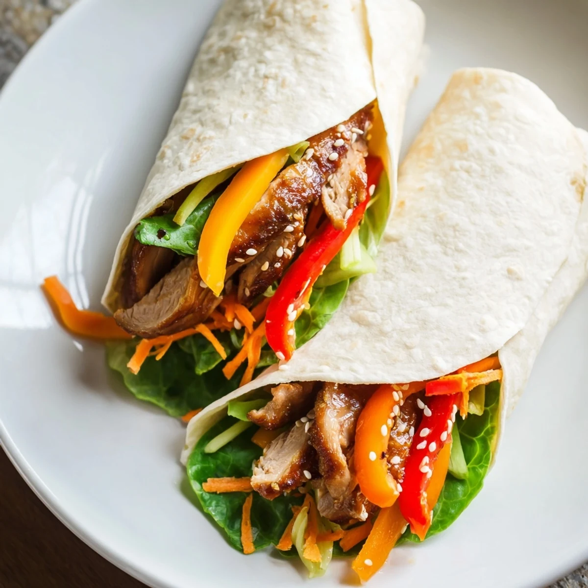 Tender teriyaki chicken wrap, bursting with colorful veggies, ready for a delicious, satisfying bite.