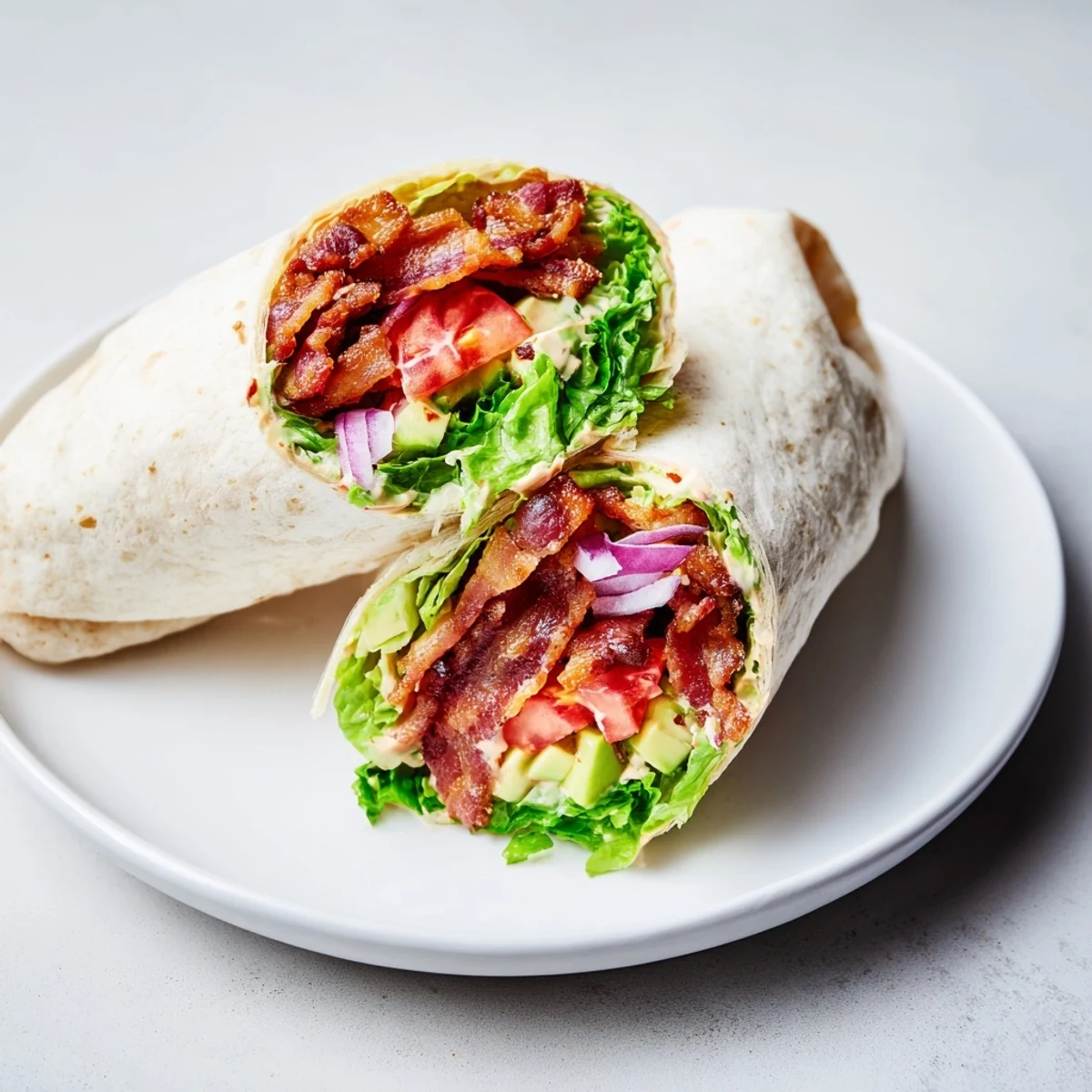 A close-up of fresh Zesty BLT Wraps filled with vibrant tomatoes, lettuce, and smoky chipotle mayo.