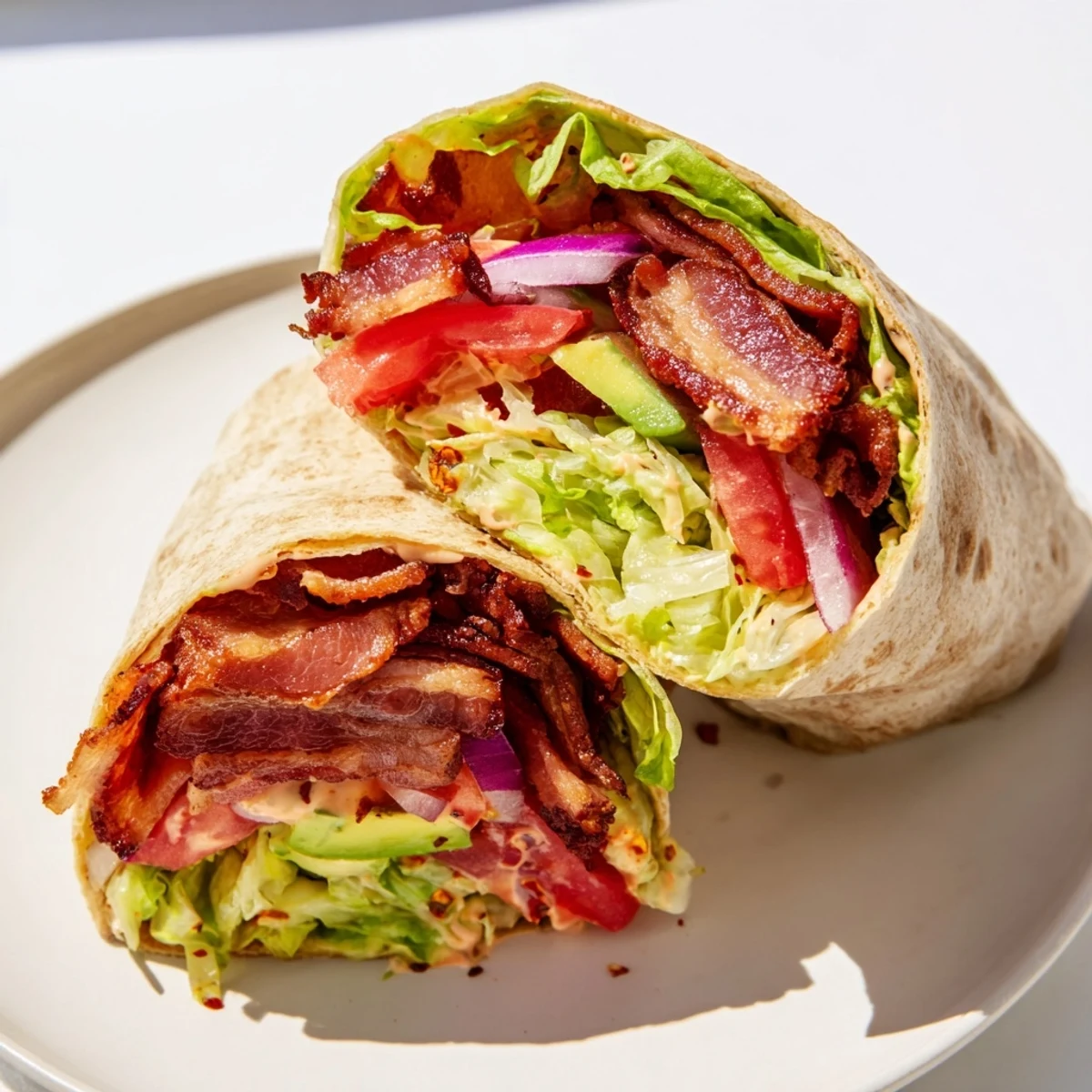 Golden, crispy bacon layered in a Zesty BLT Wrap, ready to be enjoyed as a savory meal.