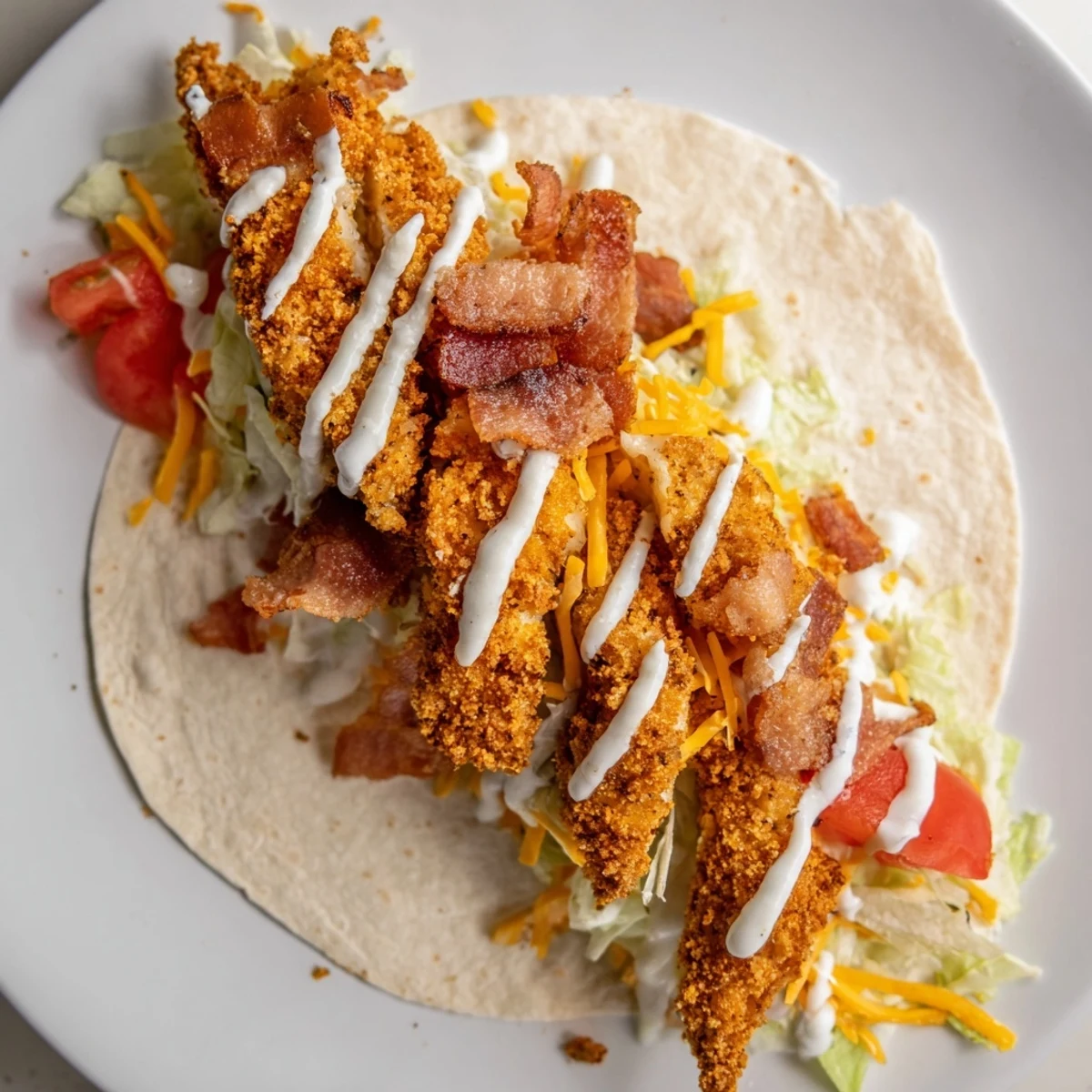Golden, crispy chicken bacon ranch wrap, overflowing with fresh veggies and cheese, ready to be enjoyed.