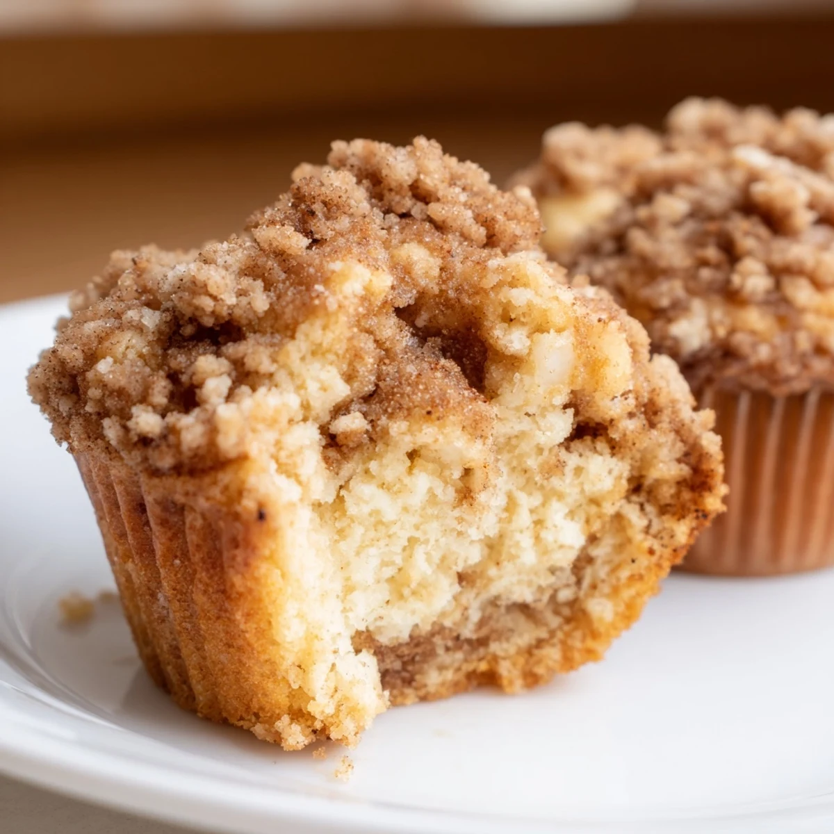 Fluffy Lightened Christmas Coffee Cake Muffins, baked golden and topped with sweet cinnamon streusel.