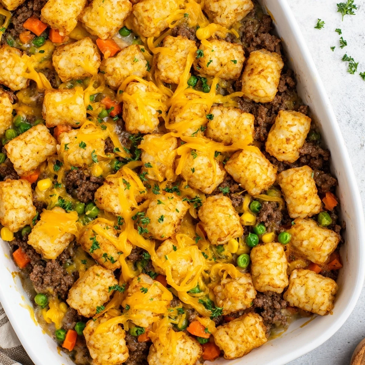 A close-up view of the savory Quick Christmas Tater Tot Casserole, showcasing the crunchy tater tots.