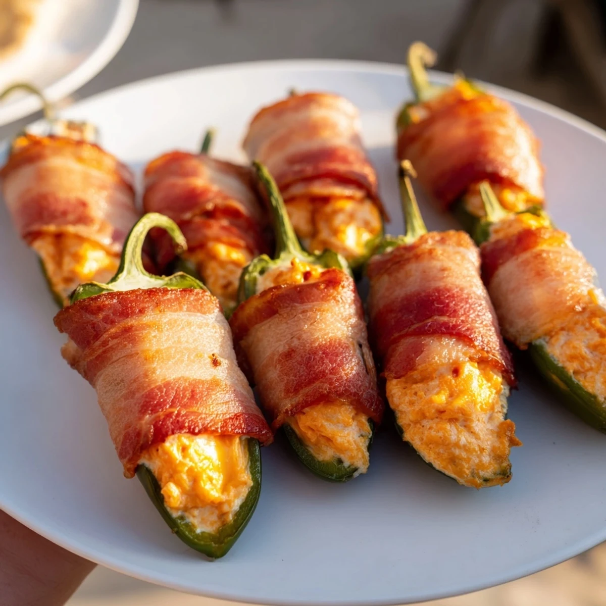 Golden, bubbly Express Holiday Jalapeño Poppers: spicy jalapeños filled with creamy cheese and savory bacon.
