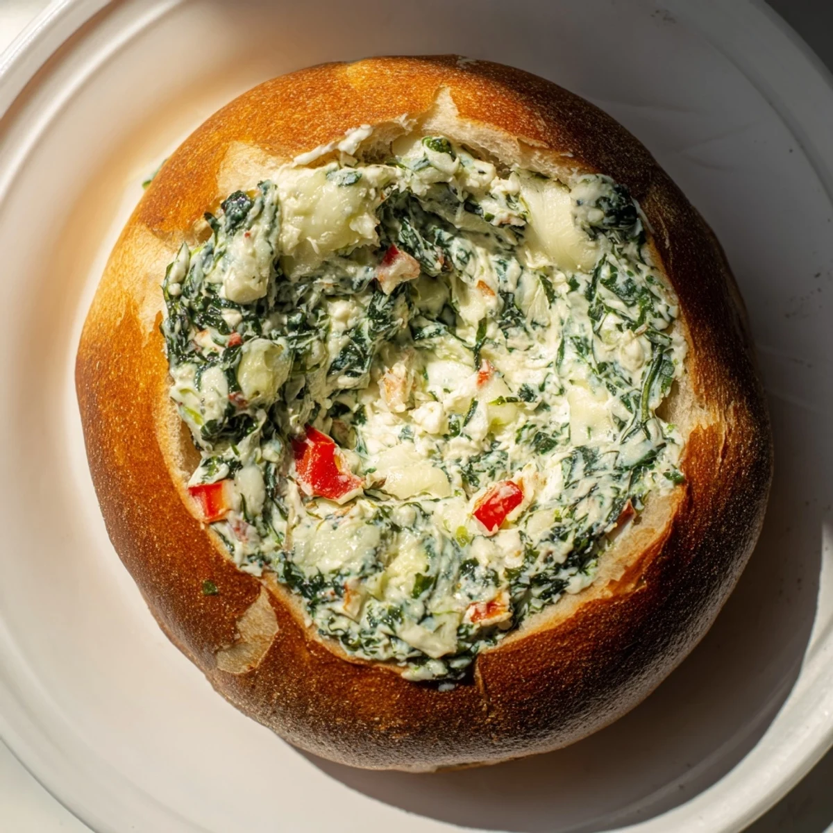 Creamy Express Holiday Spinach Dip in a sourdough bread bowl, a crowd-pleasing appetizer with red pepper garnish.