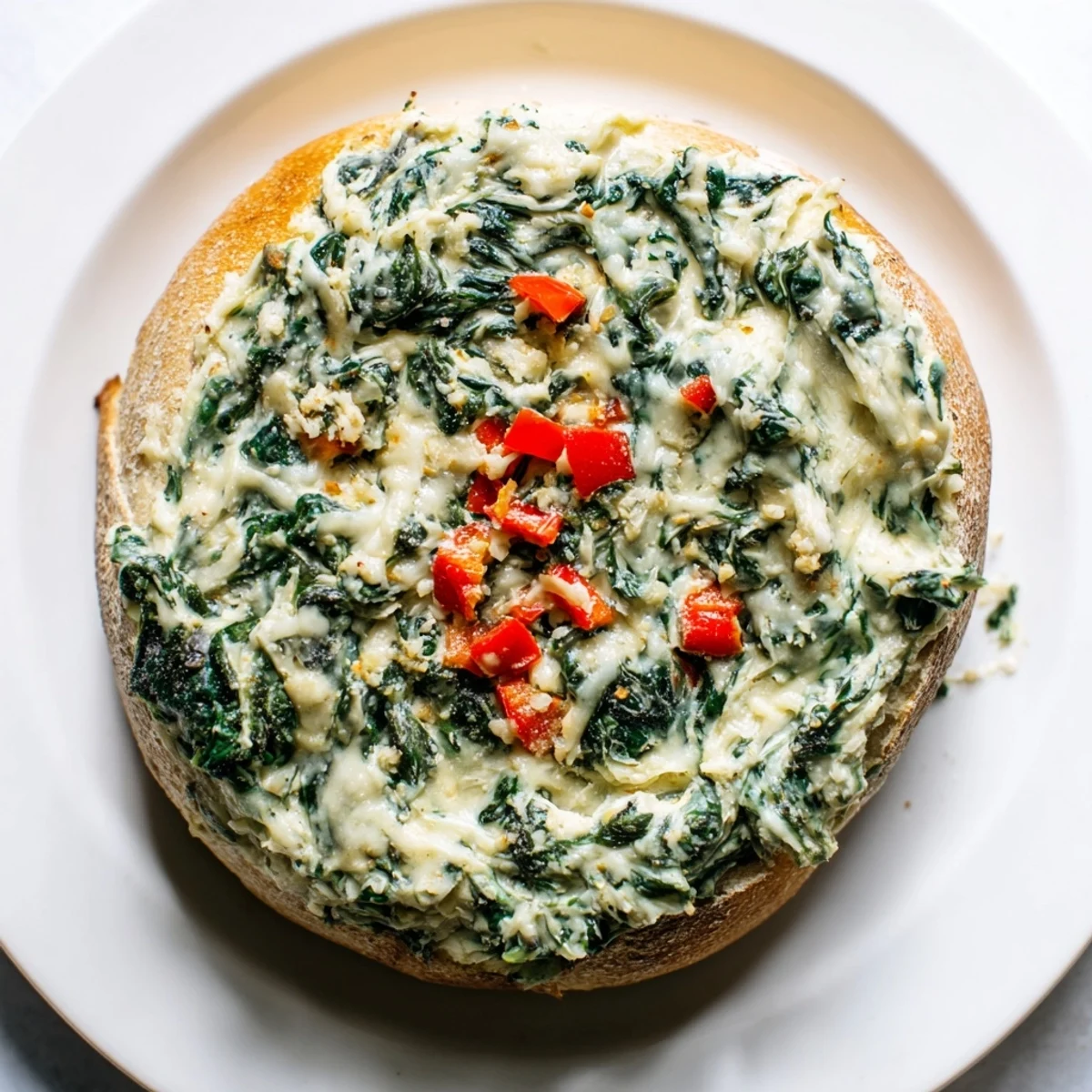 Delicious and cheesy Express Holiday Spinach Dip, served in a rustic bread bowl, perfect for sharing at holidays.
