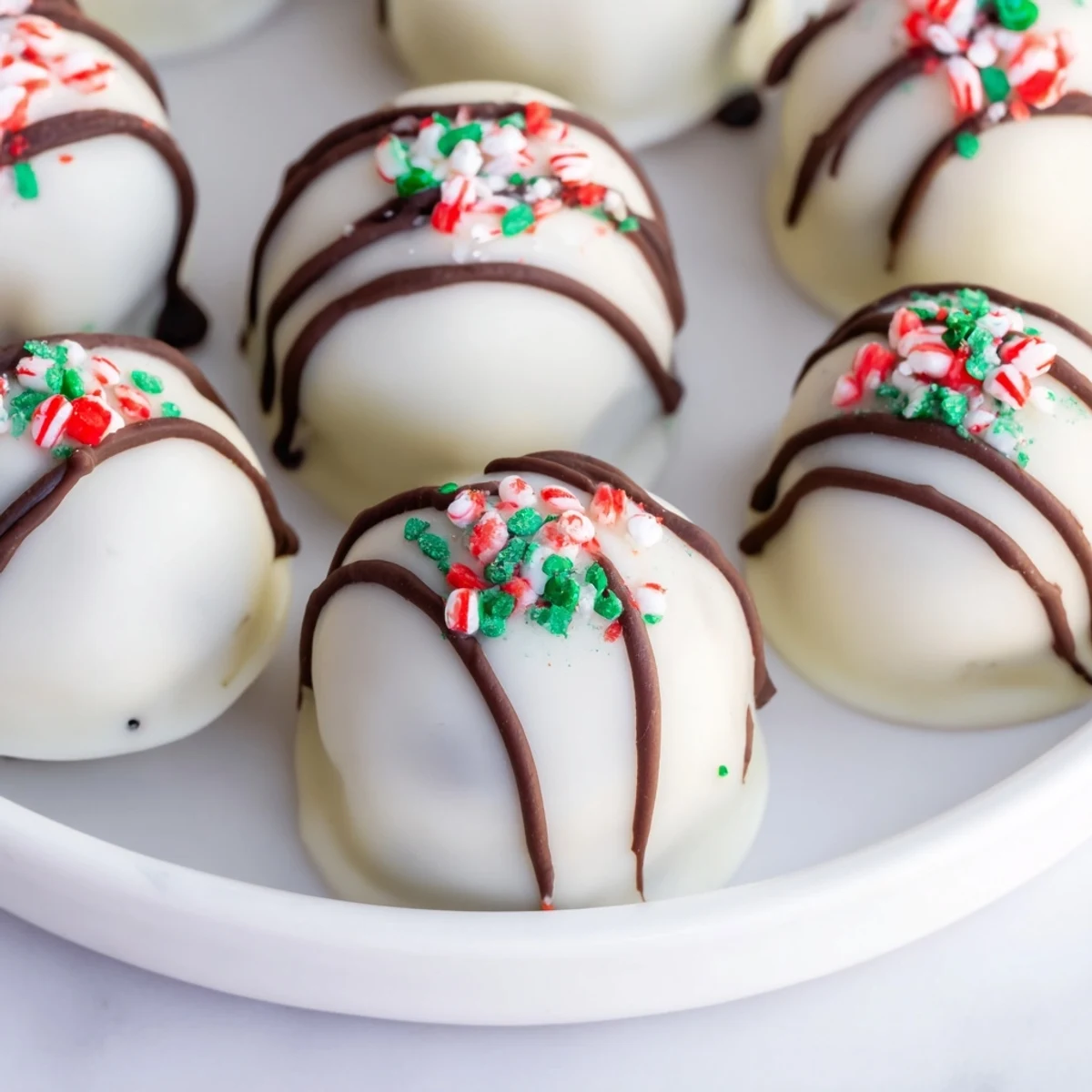 Festive Simplified Christmas Oreo Truffles boast vibrant sprinkles over a glossy white chocolate shell.