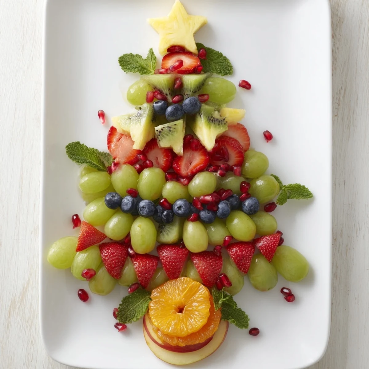 Vibrant Quick Christmas Tree Fruit Platter with grapes, kiwi, and strawberries offers a festive holiday appetizer.