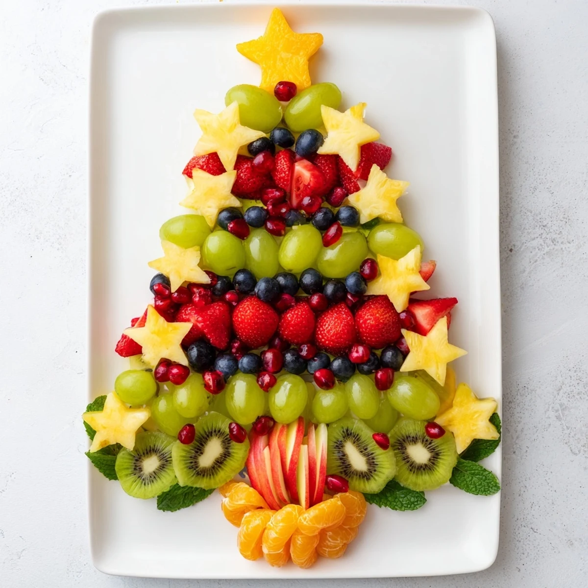 Showstopping Quick Christmas Tree Fruit Platter features colorful fruit arranged into a cheerful and delicious display for any party.