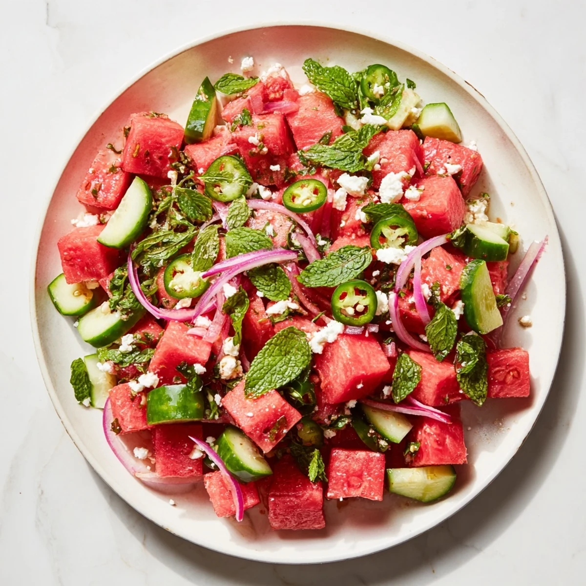 Vibrant Cucumber and Watermelon Hot Girl Salad with crumbled feta and fresh herbs, ready to serve.