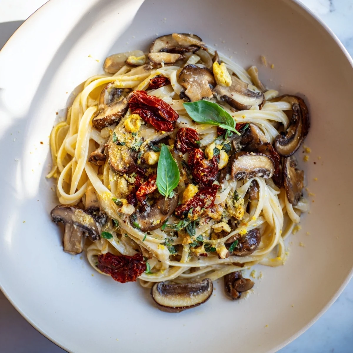 Creamy Vegan Marry Me Mushroom Pasta, garnished with fresh basil, ready to serve and enjoy.