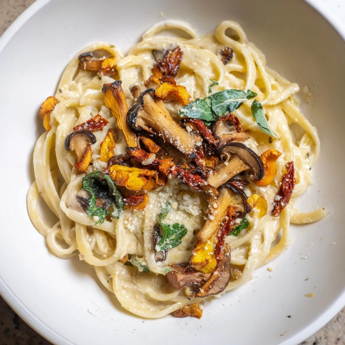 A steaming bowl of Vegan Marry Me Mushroom Pasta, with sun-dried tomatoes and herbs present.