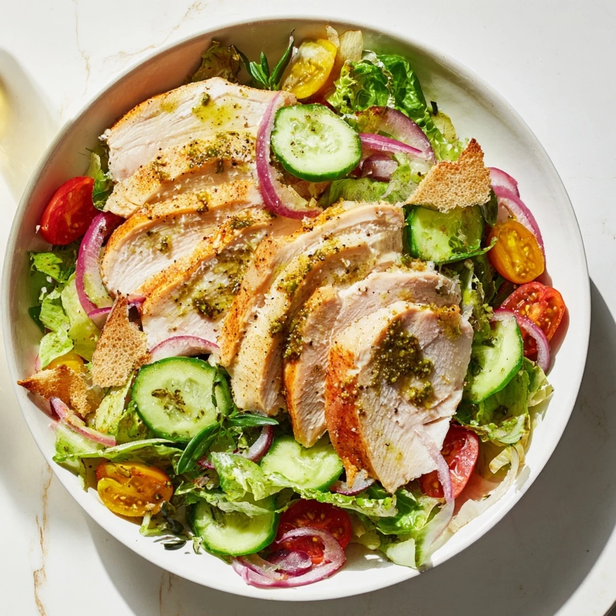 Imagine a close-up of the Quick Crunchy Lemon Parmesan Chicken Salad, with visible crispy croutons and Parmesan.