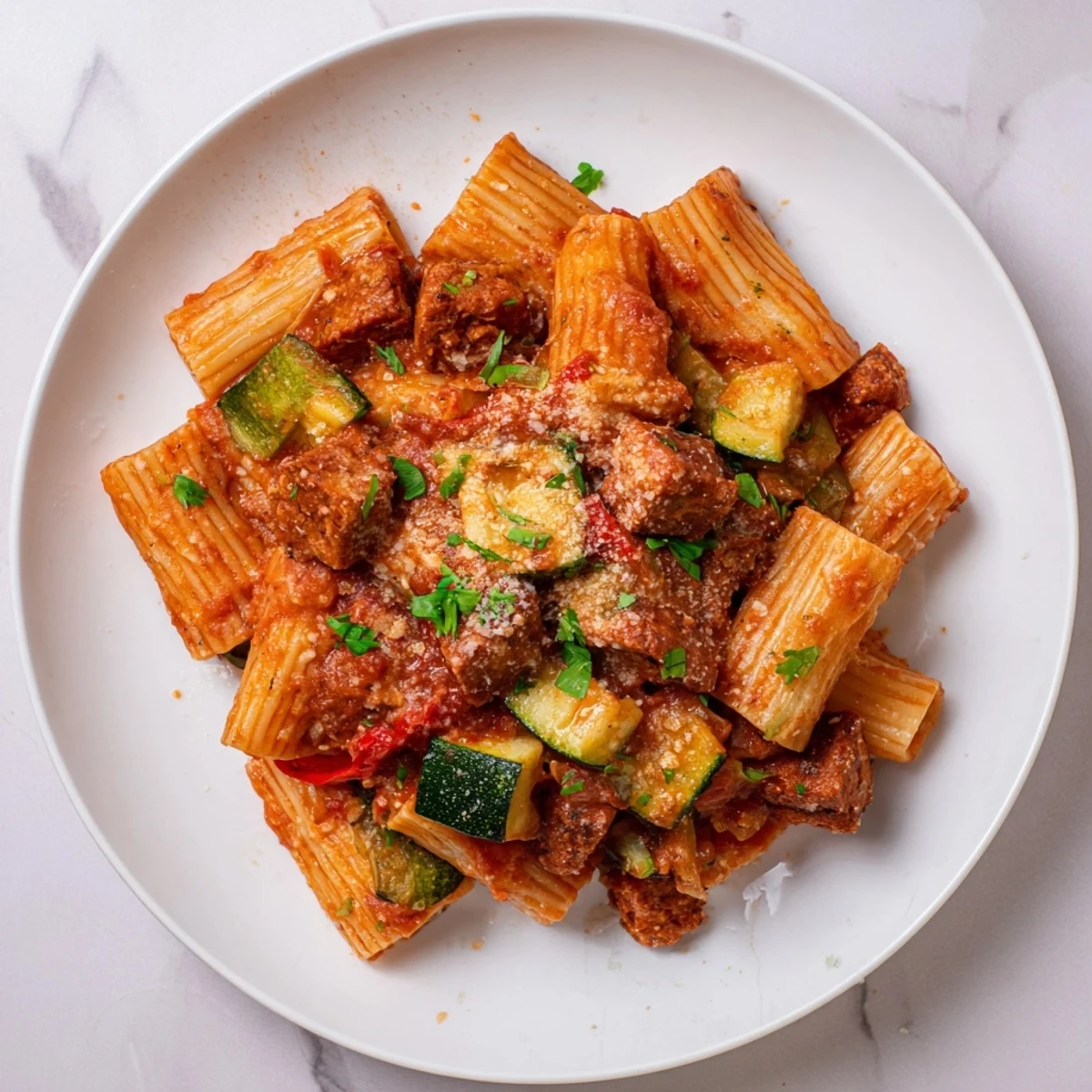 A bubbling dish reveals Spicy Vegan Chorizo Baked Pasta, with melted vegan cheese and roasted vegetables.