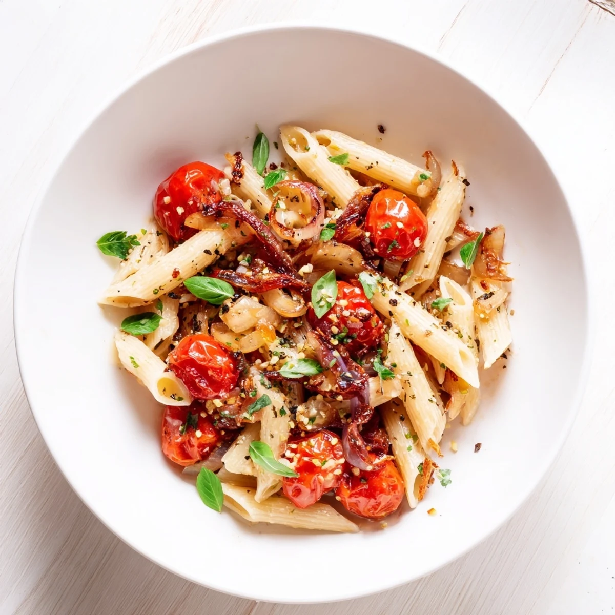 Golden brown baked tomato & olive oil pasta, glistening with roasted tomatoes and fresh basil.