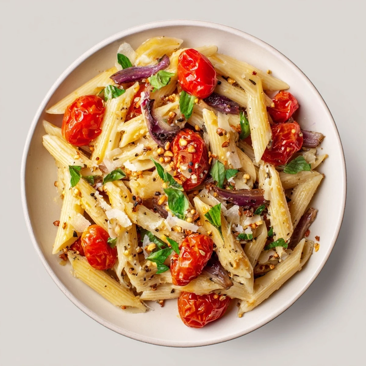Fragrant and delicious baked tomato & olive oil pasta, a simple vegetarian Italian recipe.