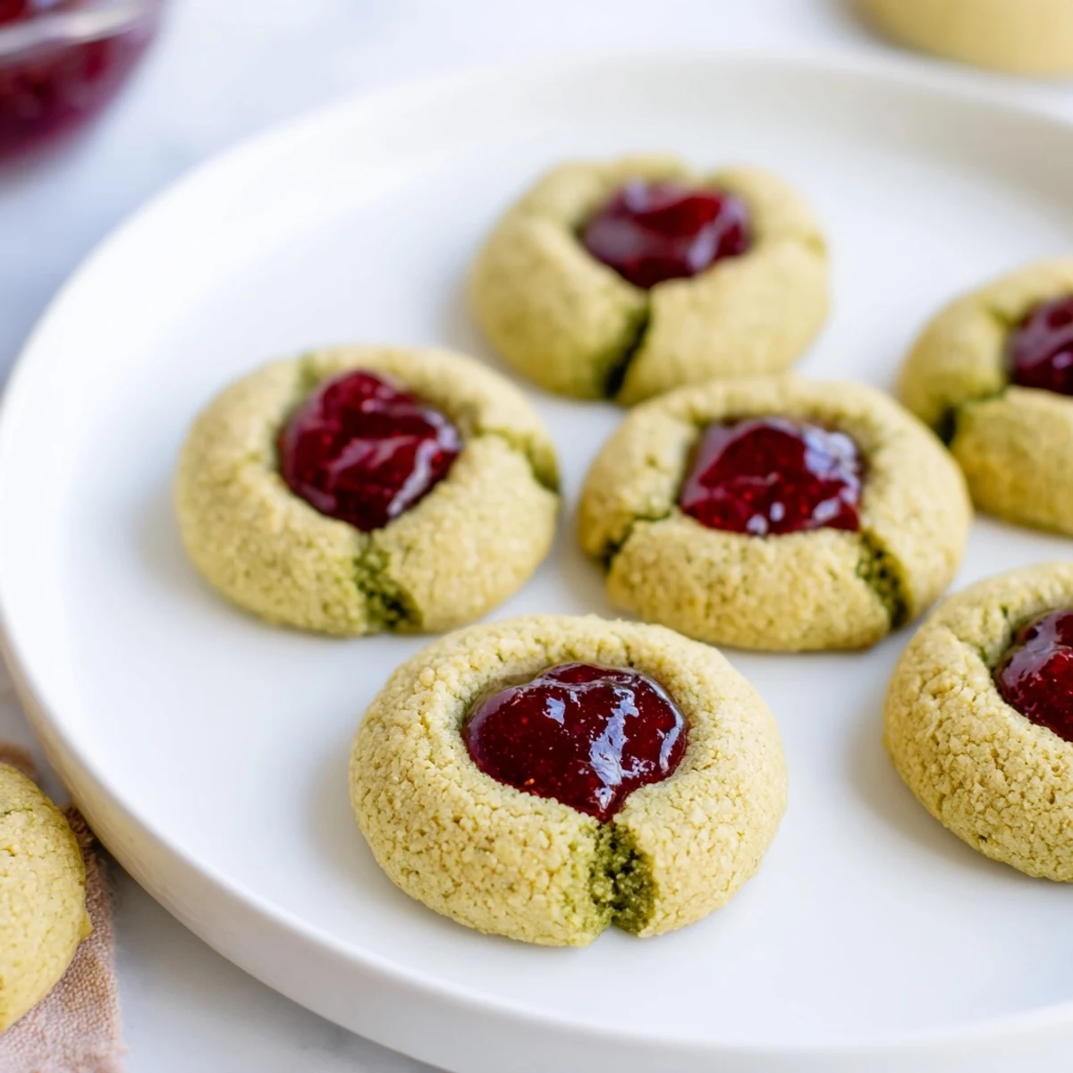 Golden-edged Matcha Cranberry Shortbread Thumbprint Cookies filled with vibrant red cranberry jam.