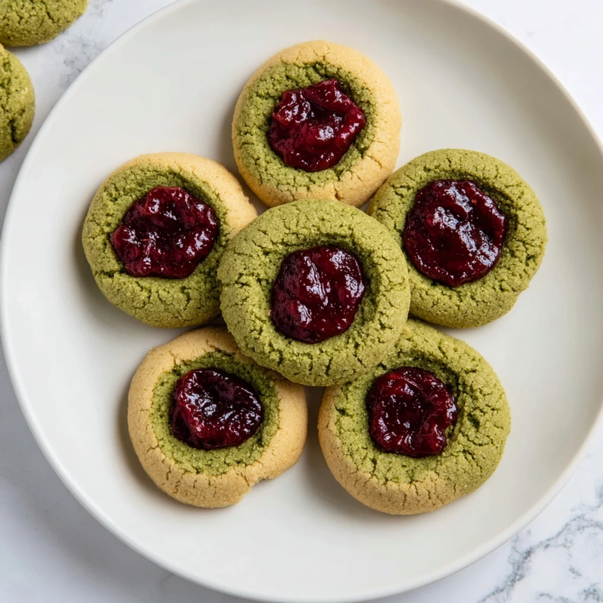 A plate of freshly baked Matcha Cranberry Shortbread Thumbprint Cookies, perfect for a special treat.