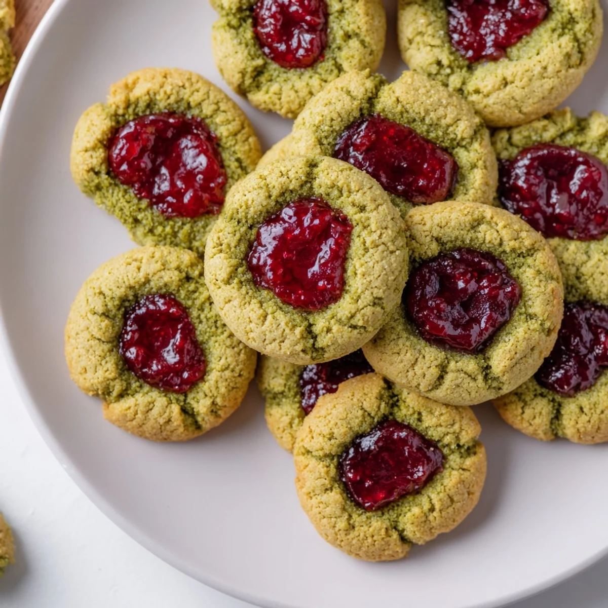Close-up of buttery, green Matcha Cranberry Shortbread Thumbprint Cookies, ready to eat and enjoy.