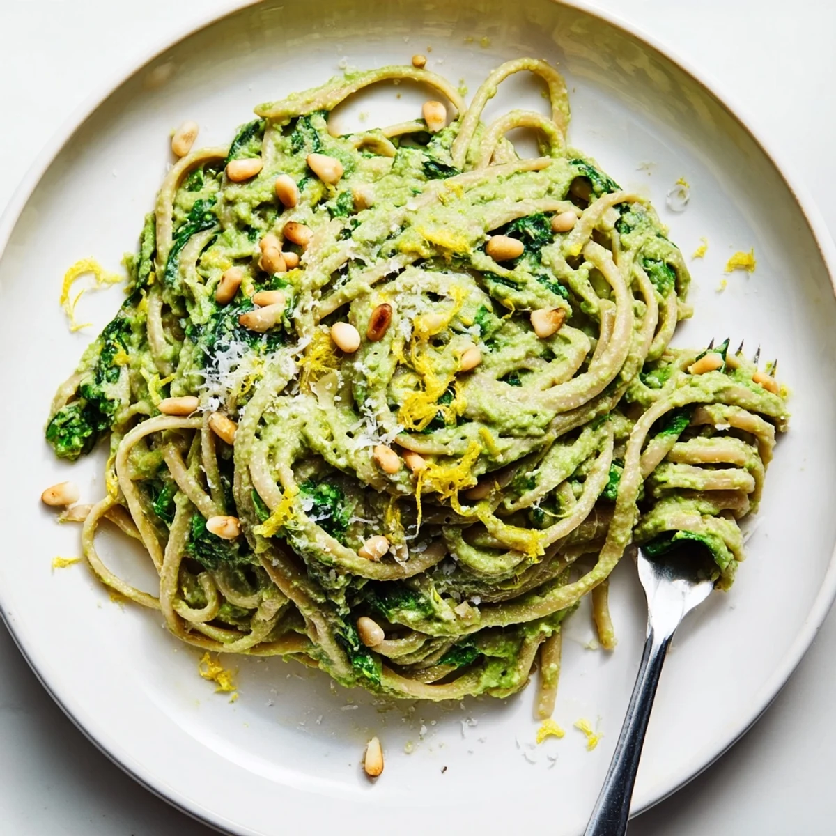 Fresh, homemade Green Pea & Spinach Pasta with a bright green sauce, garnished with lemon zest.