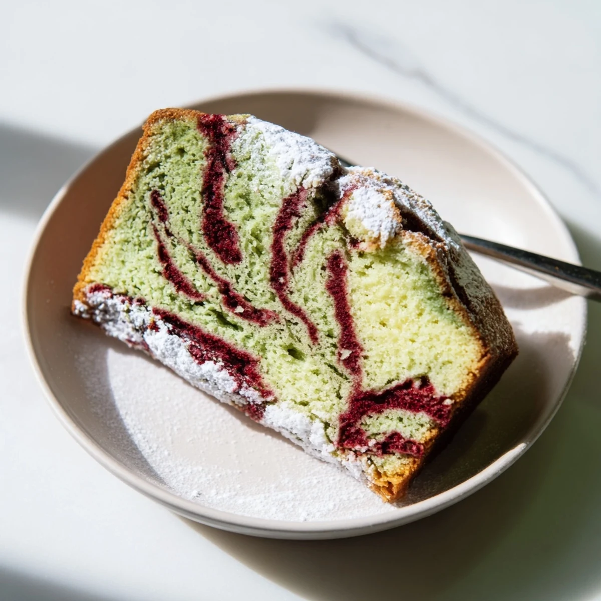 Moist slices of Red & Green Swirl Matcha Marble Pound Cake with swirled matcha and berry layers.
