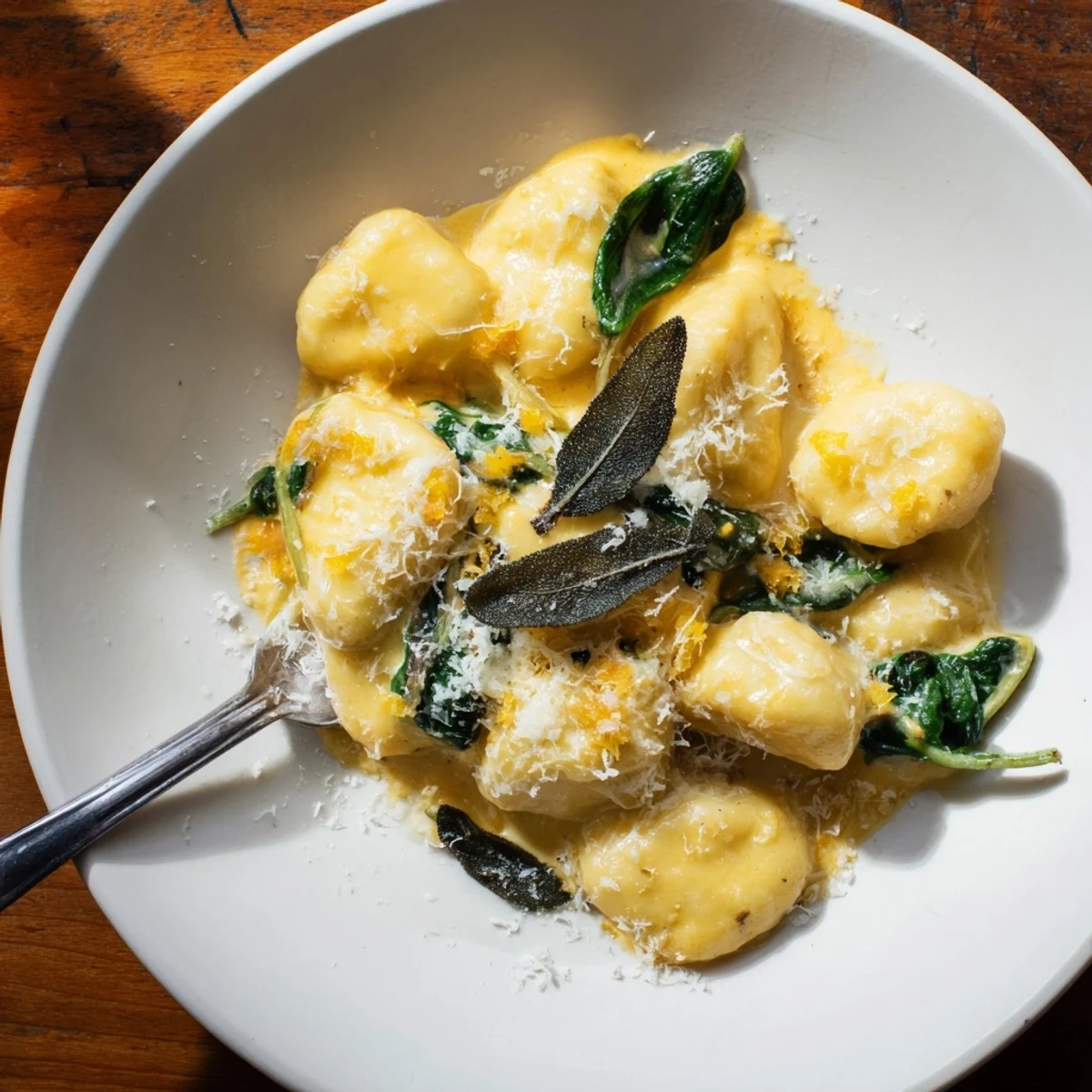 A rustic shot of creamy, flavorful One-Pot Creamy Pumpkin Sage Gnocchi Pasta, ready to be enjoyed.