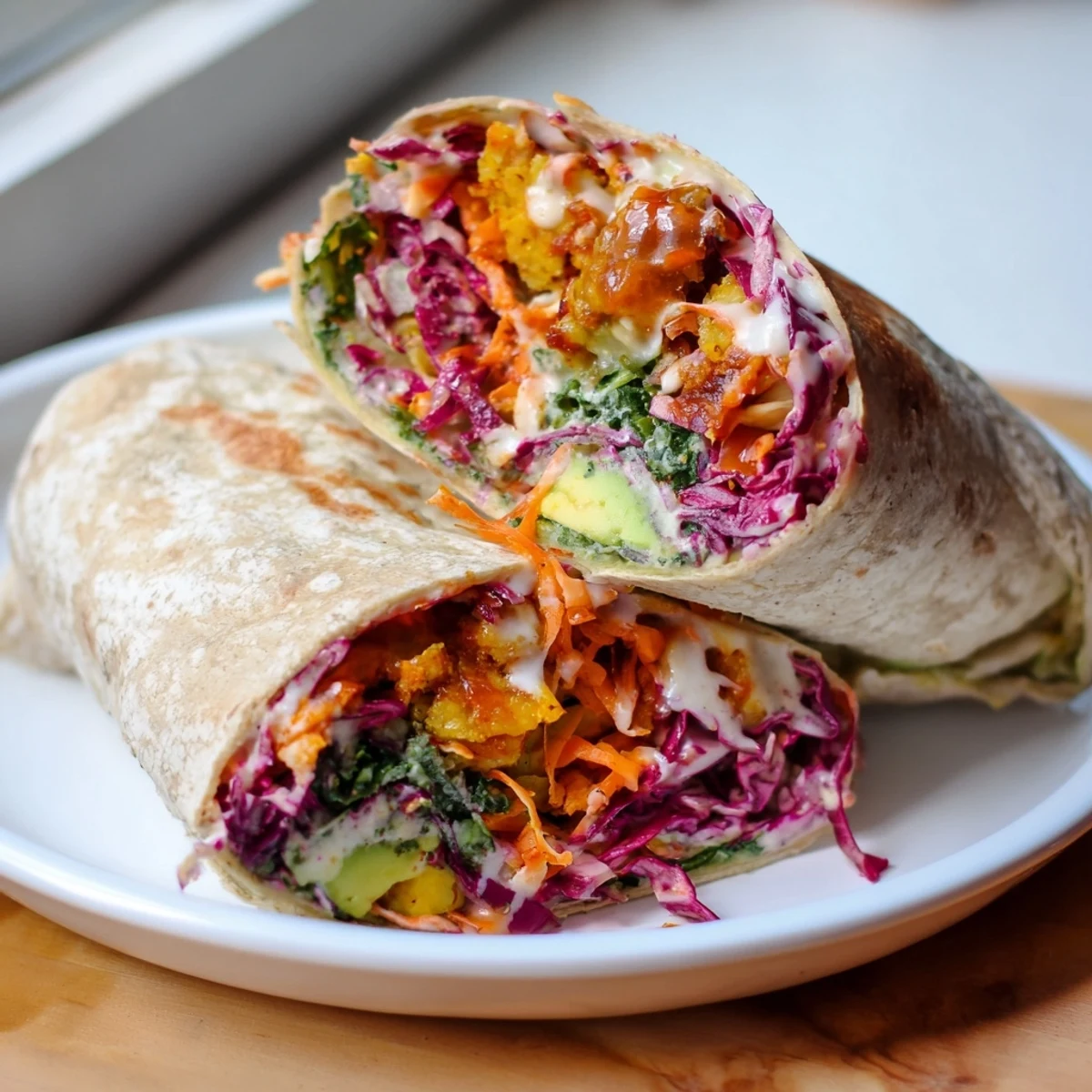 Close-up of a fully assembled BBQ Chickpea & Slaw Wrap, showcasing crunchy textures and fresh ingredients.