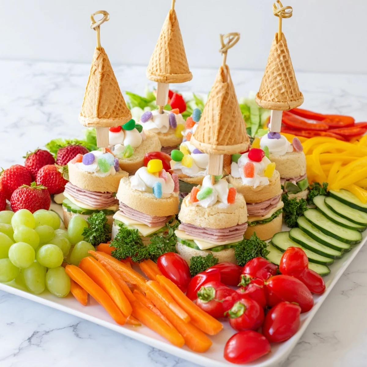 Whimsical Fairy Tale Castle Platter with vibrant sweet and savory bites, ready to enjoy.
