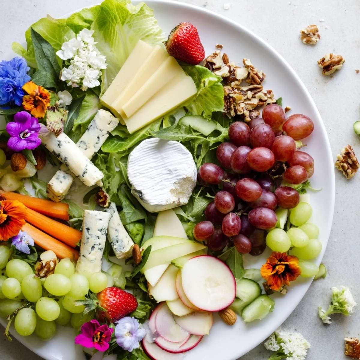 This vibrant Enchanted Forest Grazing Board features creamy brie and cheddar, perfect for a magical gathering.