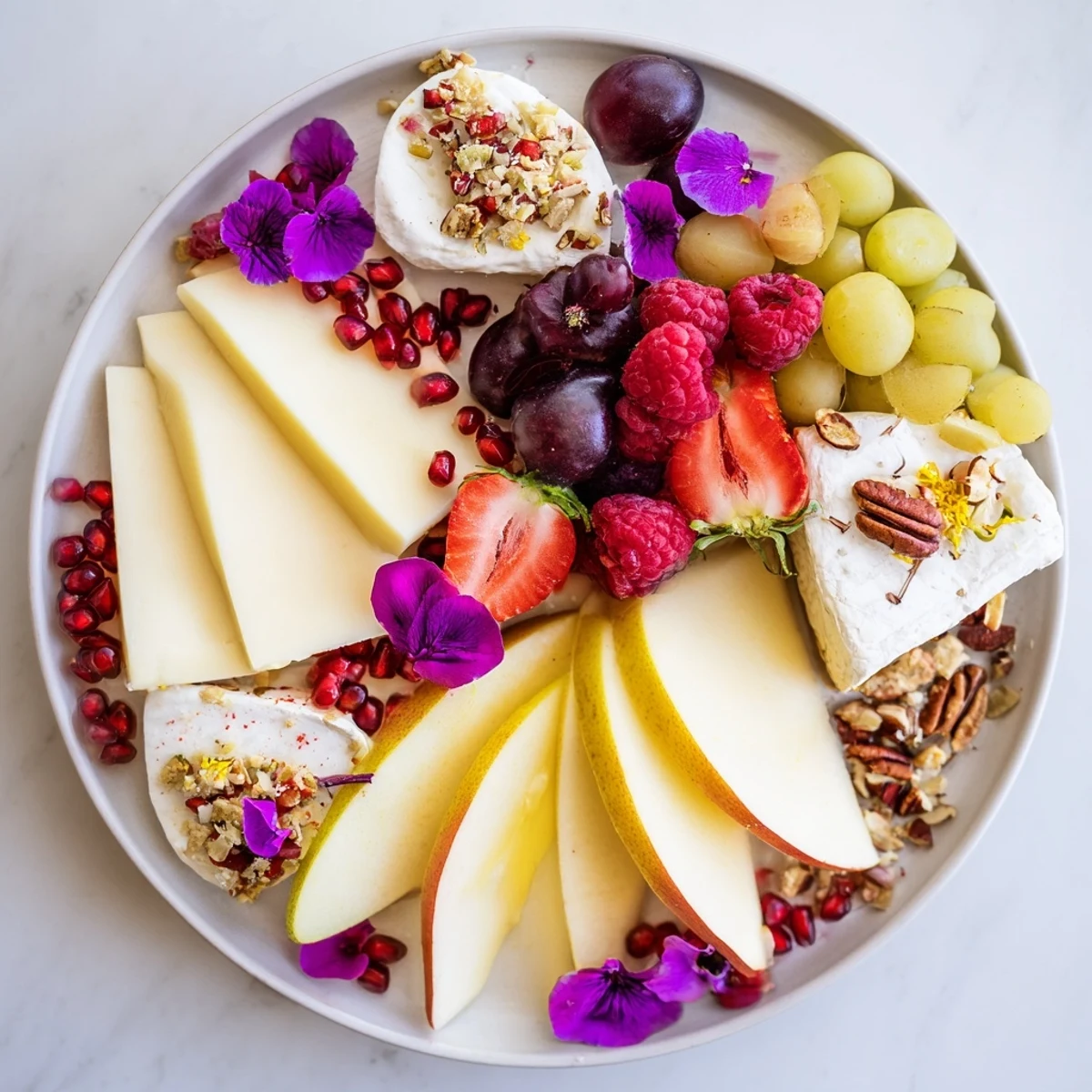A picturesque Rose Garden Romantic Platter with brie, berries, and edible rose petals to enjoy.