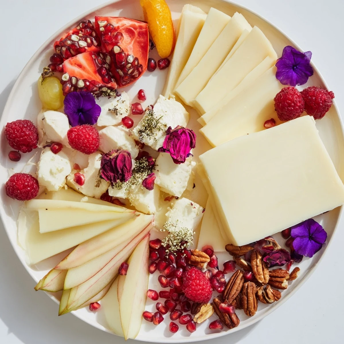 Delectable Rose Garden Romantic Platter: Artisan cheeses and fresh fruit attractively displayed for serving.